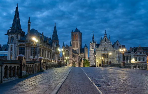 Picture road, night, the city, area, Belgium, Ghent