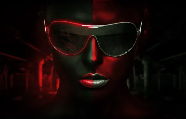Picture girl, glasses, legacy, BossLogic, red gray background