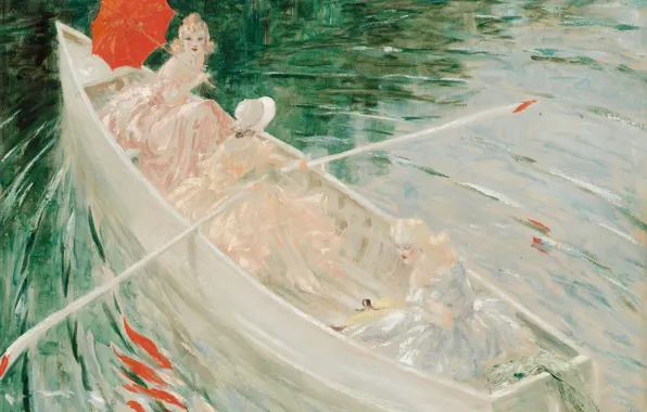 Paddles, red umbrella, Louis Icart, In the boat