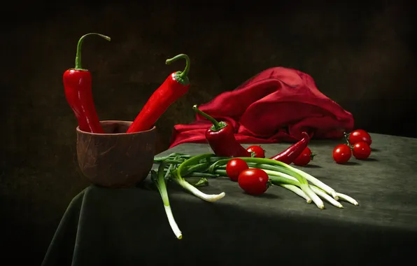 Fabric, pepper, still life, tomatoes, Chile