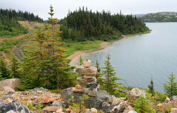 Picture the sky, trees, mountains, lake, stones, spruce