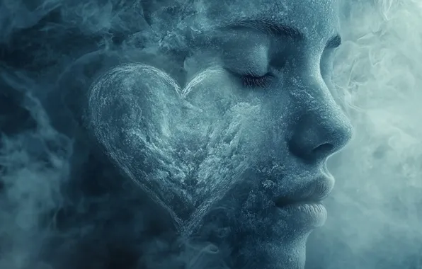 Cold, winter, frost, girl, snow, face, fog, heart