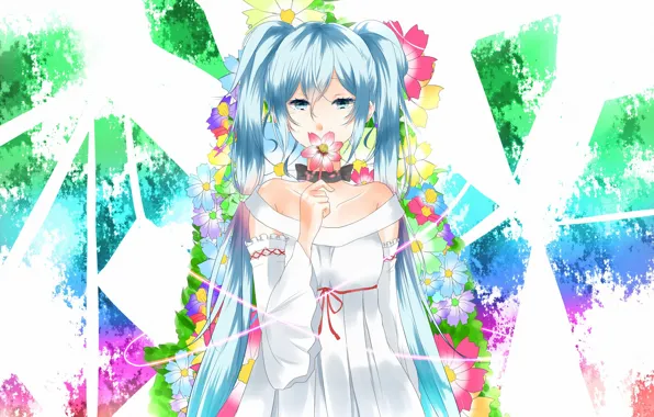 Flower, girl, dress, tape, Anime, blue eyes, vocaloid, long hair