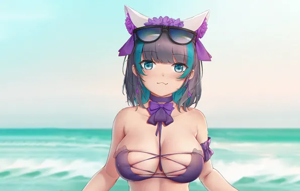 Picture girl, sexy, cleavage, beach, sea, boobs, anime, beautiful