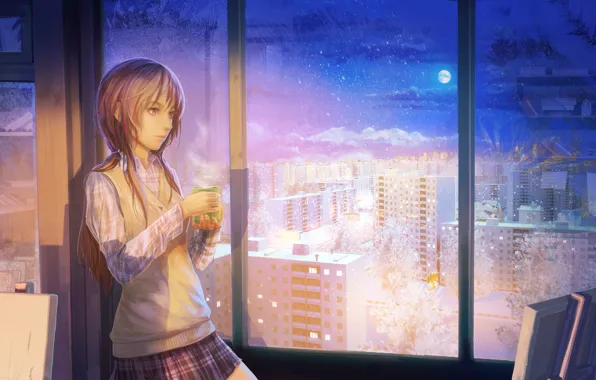 Picture winter, girl, snow, night, the city, tea, the moon, figure