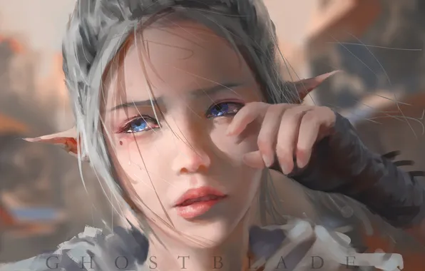 Picture girl, tears, elf, art, wlop, Ghost blade