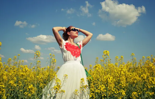 Picture girl, clouds, flowers, heart, glasses, white dress, field of flowers