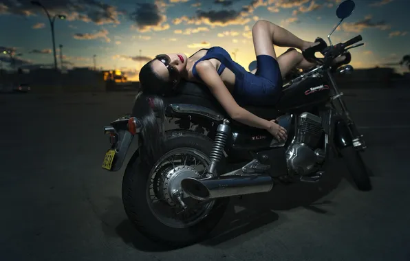 Picture girl, sunset, motorcycle