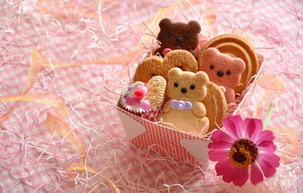 Flower, cookies, bears, cakes