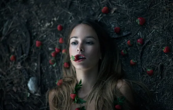 Picture girl, berries, background, earth, strawberry
