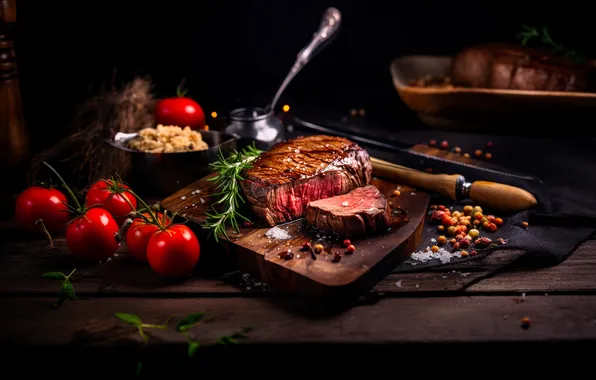 The dark background, table, food, meat, still life, tomatoes, fried, AI art