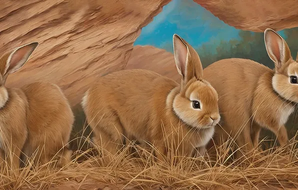 Look, pose, rabbit, rabbits, rabbits, straw, painting, Bunny