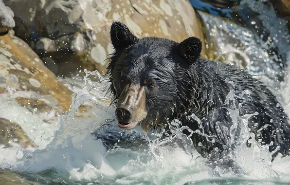Picture Water, Look, Bear, Face, Predator, Digital art, Black bear, AI art