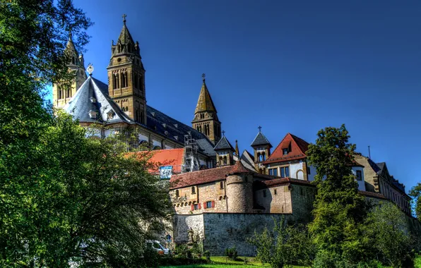 Picture the sky, trees, the city, castle, wall, home