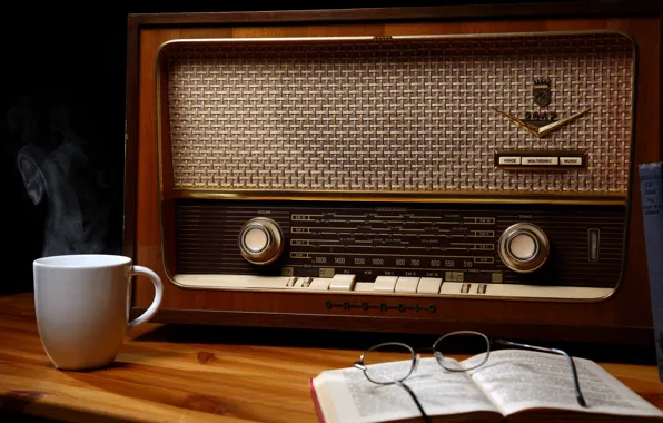 Picture wood, cup, book, glasses, table, Old radio