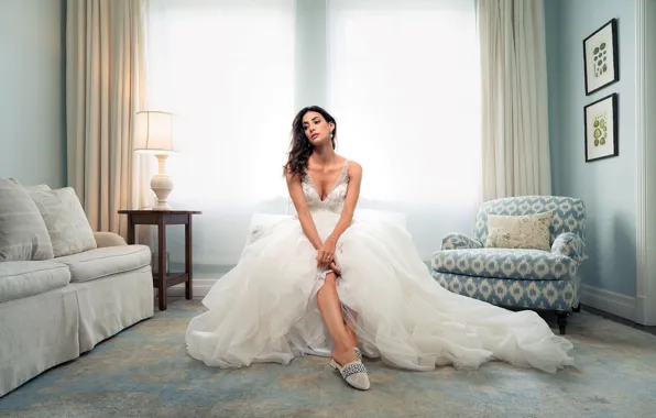 Picture look, girl, pose, room, model, dress, brunette, beautiful