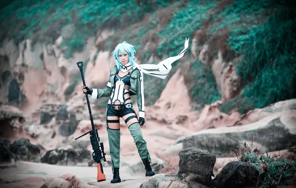 Girl, weapons, background