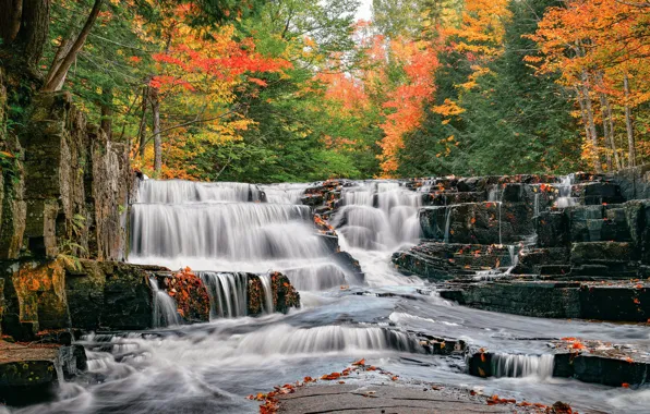 Autumn, forest, river, Michigan, waterfalls, cascade, Michigan, Quartzite Waterfalls