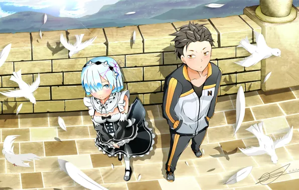 Girl, anime, art, pigeons, guy, Subaru, embarrassment, Re: Zero kara hajime chip isek or Seikatsu