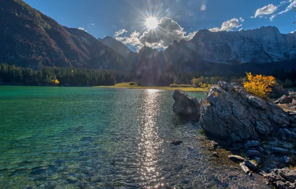 Autumn, forest, the sky, the sun, clouds, rays, light, mountains