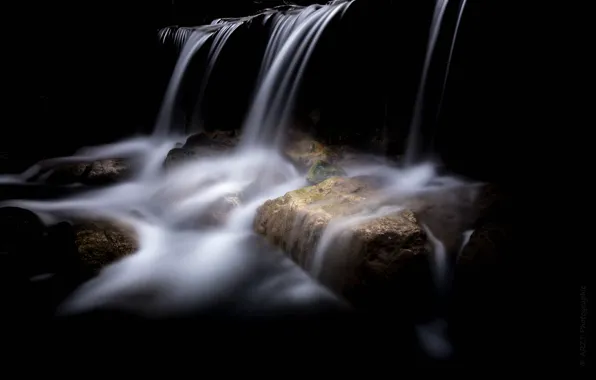 Stream, stones, the darkness, waterfall, cave