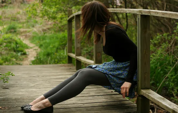 Girl, bridge, nature, brunette, sitting