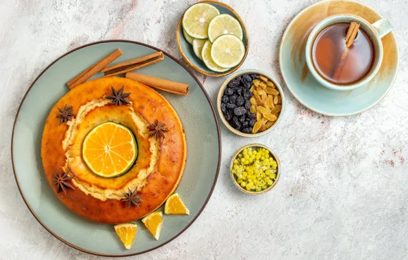 Tea, pie, Cup, cake, lime, cinnamon, raisins, bowls