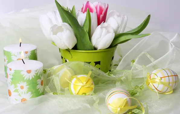 Flowers, holiday, eggs, candles, tulips, Easter