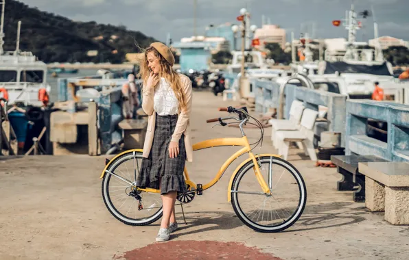 Picture girl, bike, smile, port, promenade