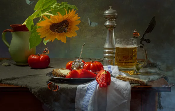 Picture flower, butterfly, table, food, beer, sunflower, towel, plate