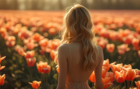 Field, girl, light, flowers, back, spring, tulips, walk