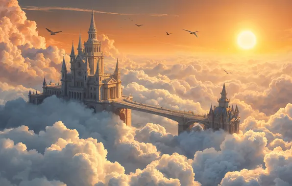 The sky, the sun, clouds, light, birds, bridge, fog, castle