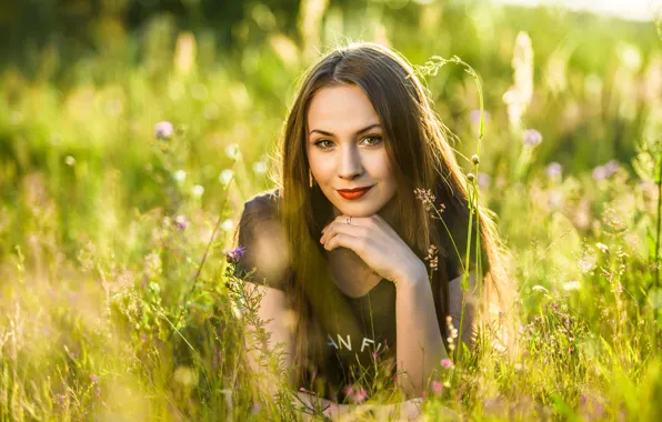 Picture greens, summer, the sun, nature, pose, smile, glade, portrait