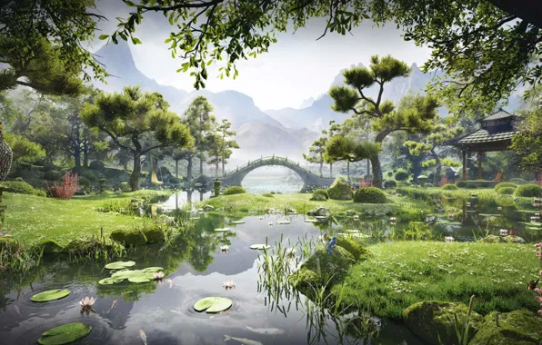 Picture mountains, bridge, river, vegetation, Meditation Garden