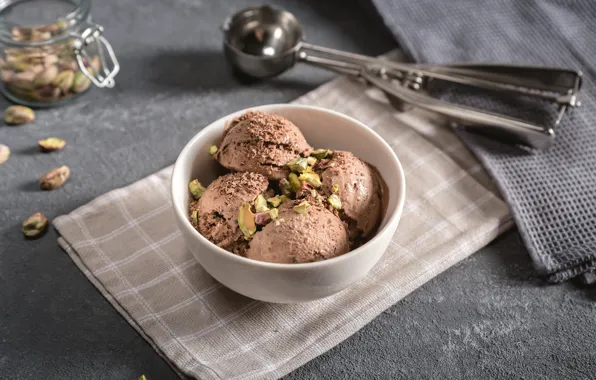 Table, towel, ice cream, Bank, bowl, grey background, napkin, chocolate