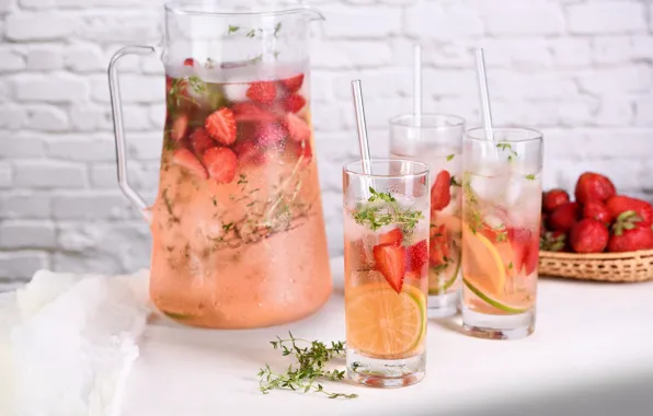 Berries, glasses, strawberry, cocktail, glasses, drink, pitcher, citrus
