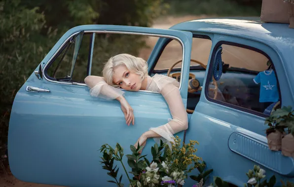 Auto, look, girl, flowers, pose, Alisa Tarasenko, Nastasya Parshina