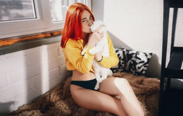 Panties, model, women, redhead, cats, black panties, hips, in bed