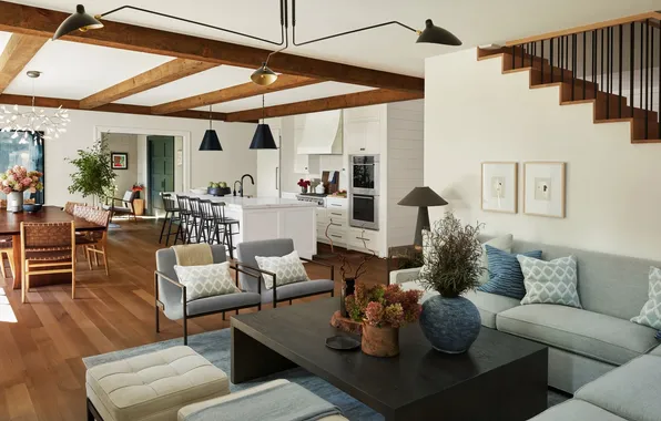 Design, interior, kitchen, retro style, living room, dining room, mid-century modern