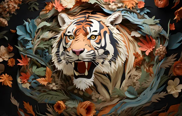 Picture tiger, art, flowers, face, rendering, fiction