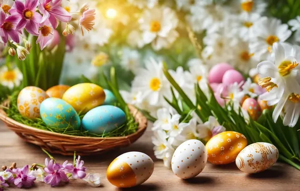Flowers, eggs, spring, colorful, Easter, happy, flowers, spring