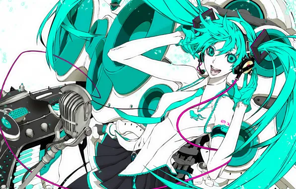 Headphones, tie, wire, gloves, microphone, Hatsune Miku, Vocaloid, long hair