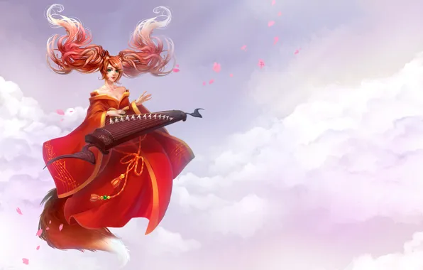 Picture girl, clouds, petals, art, tail, ears, in red, musical instrument