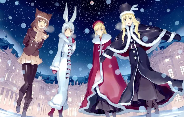 Picture winter, snow, night, girls, hat, home, anime, art