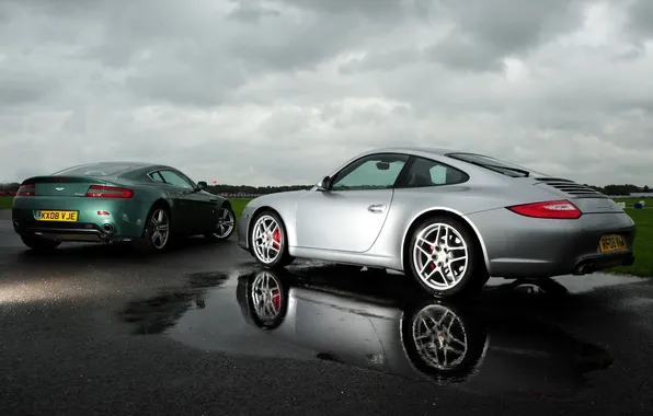 The sky, Aston Martin, 911, Porsche, V8 Vantage, rear view