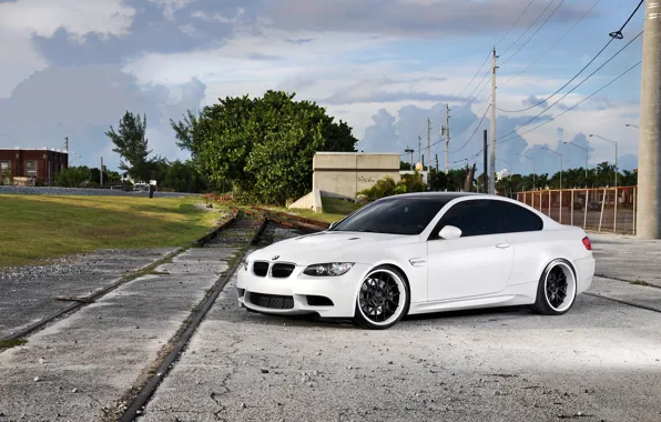 Picture white, the sky, clouds, bmw, BMW, railroad, white, wheels