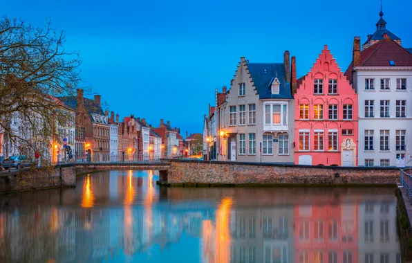 Picture the city, home, the evening, channel, Belgium, the bridge, Bruges