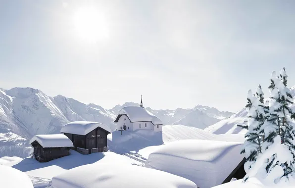 Snow, mountains, Alps, the village