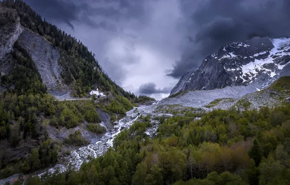 Forest, the sky, clouds, snow, mountains, river, castle, overcast