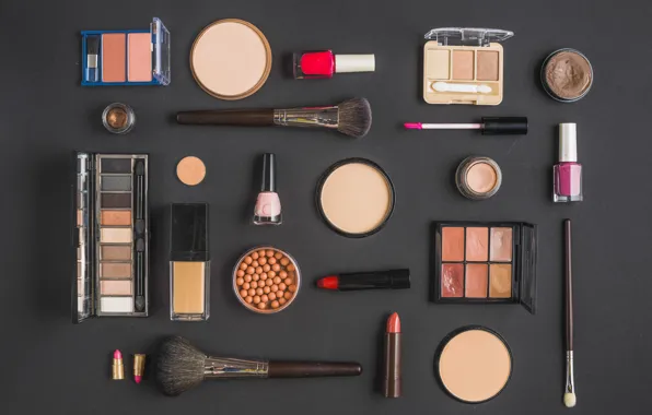 Shine, lipstick, shadows, brush, cosmetics, lacquer, blush, powder